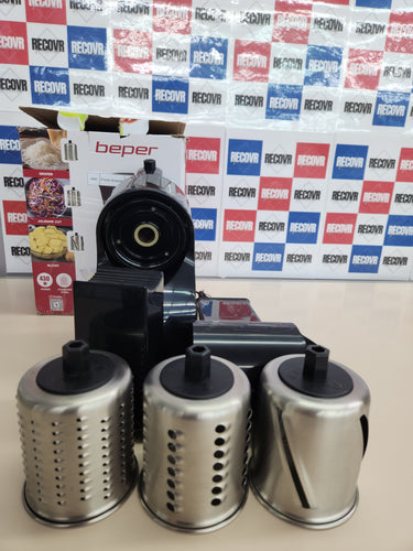 Rallador Eléctrico y Rebanador de Verdurasde Acero, 3 Rodillos de Acero Intercambiables, Corte Juliana, Rodajas y Rejillas Fina, Multi-Function Grater and Slicer BEPER BP.400